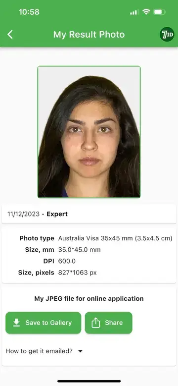 7ID App: Australian Visa Photo Example