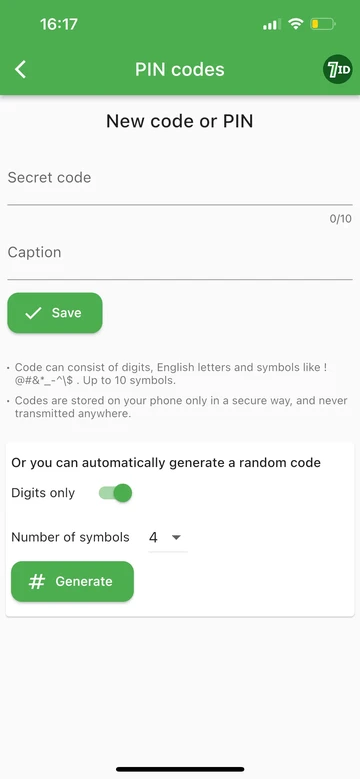 7ID: Add a new PIN code or generate it
