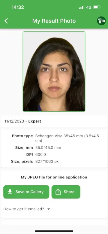 7ID App: Schengen Visa Photo Example